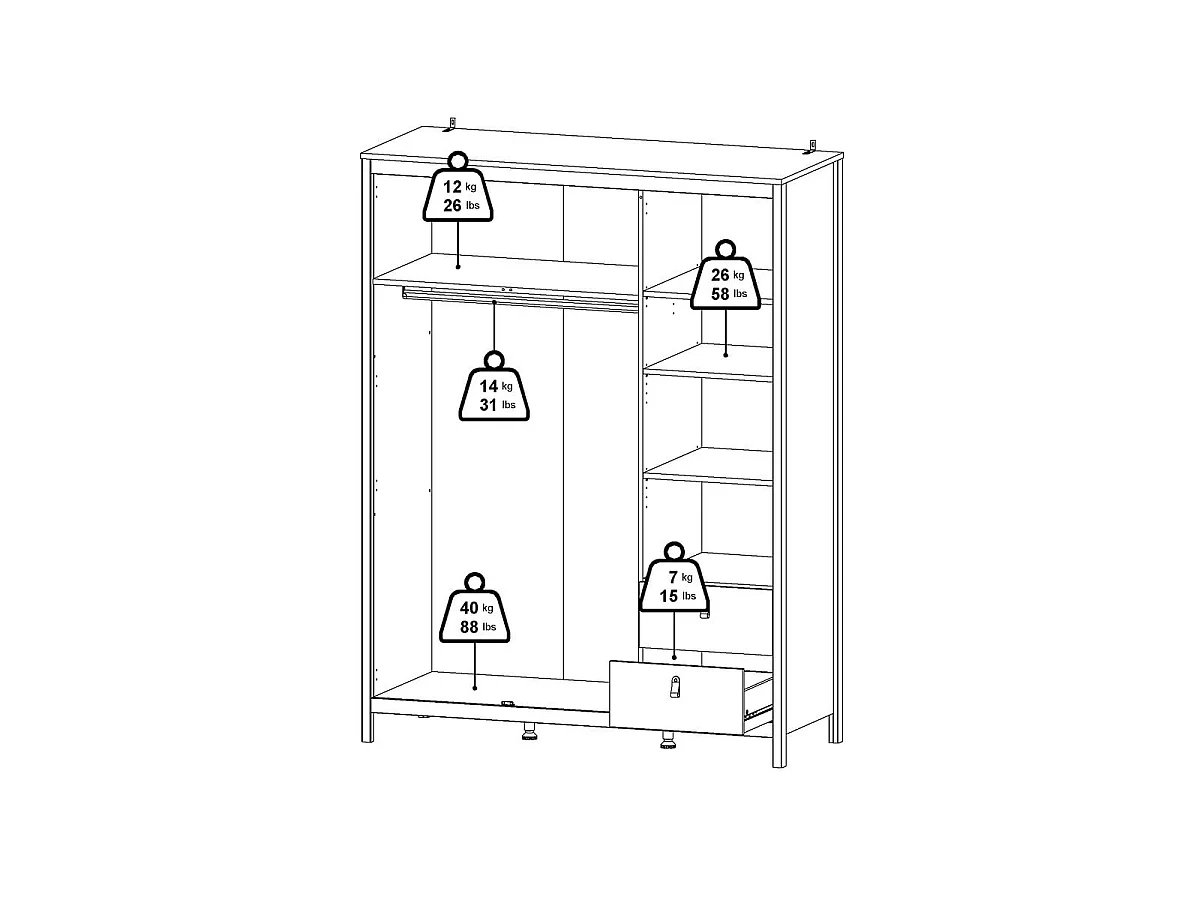 Armário de 3 portas, sendo 1 espelho e 2 gavetas, branco, L150 cm - BARCELONA