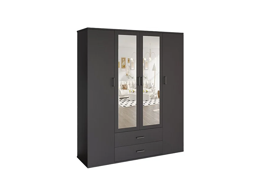 Armoire TOM – 4 portes avec miroirs – Coloris gris anthracite – L160 cm – Design moderne et grand rangement