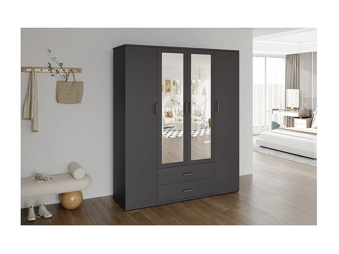 Armoire TOM – 4 portes avec miroirs – Coloris gris anthracite – L160 cm – Design moderne et grand rangement