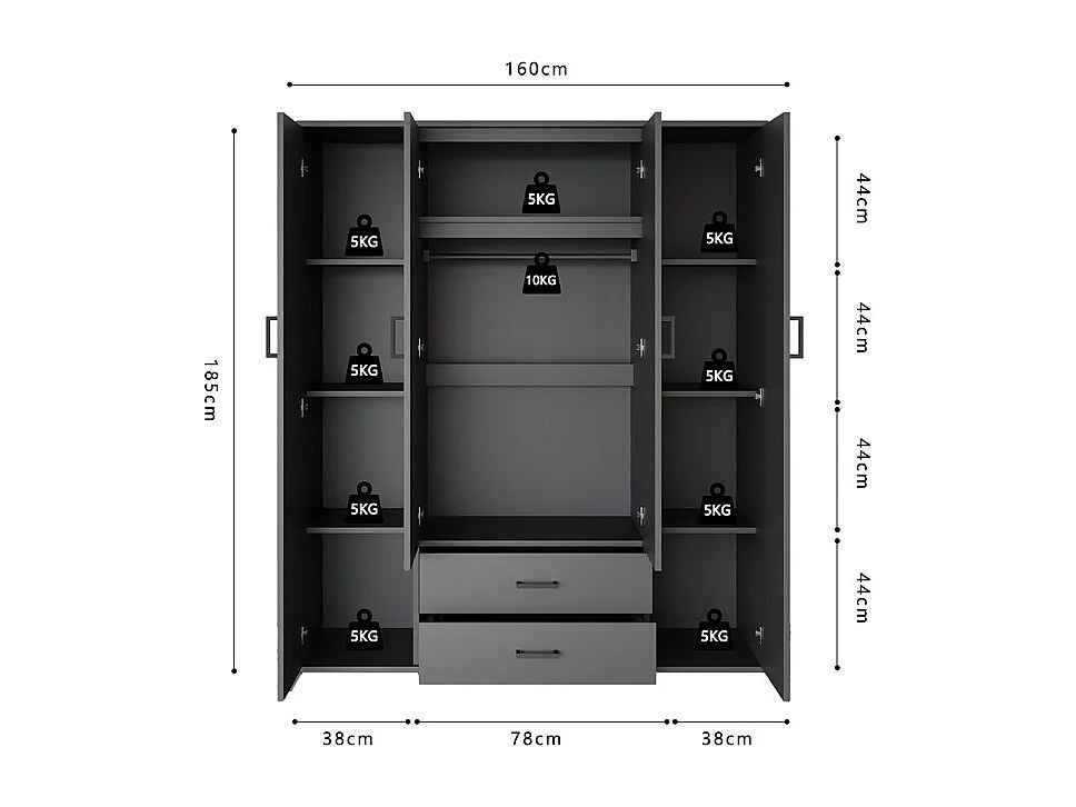 Armoire TOM – 4 portes avec miroirs – Coloris gris anthracite – L160 cm – Design moderne et grand rangement