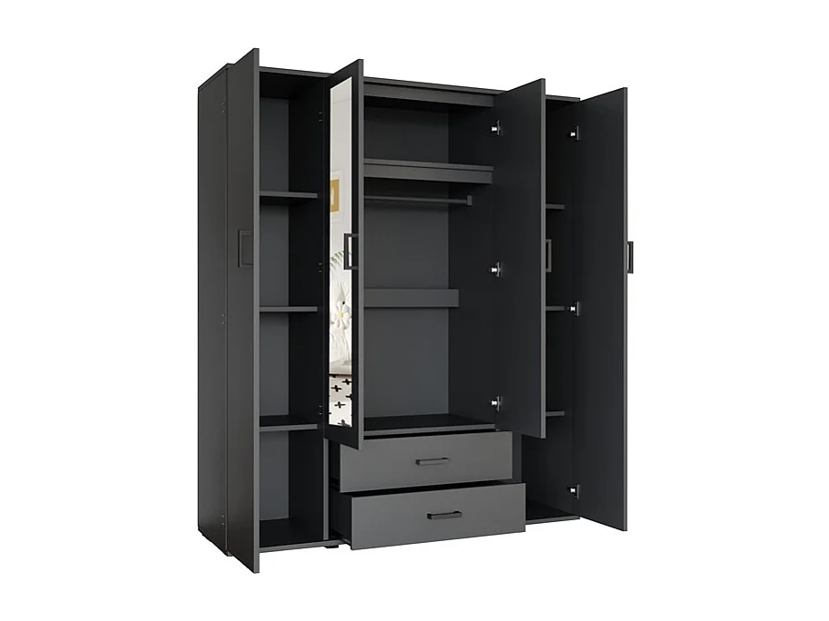 Armoire TOM – 4 portes avec miroirs – Coloris gris anthracite – L160 cm – Design moderne et grand rangement