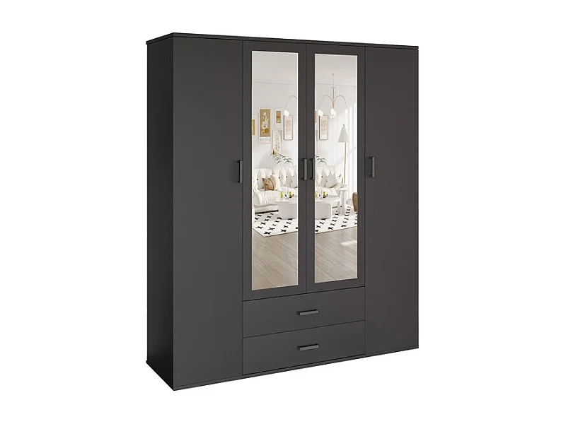 Armoire TOM – 4 portes avec miroirs – Coloris gris anthracite – L160 cm – Design moderne et grand rangement