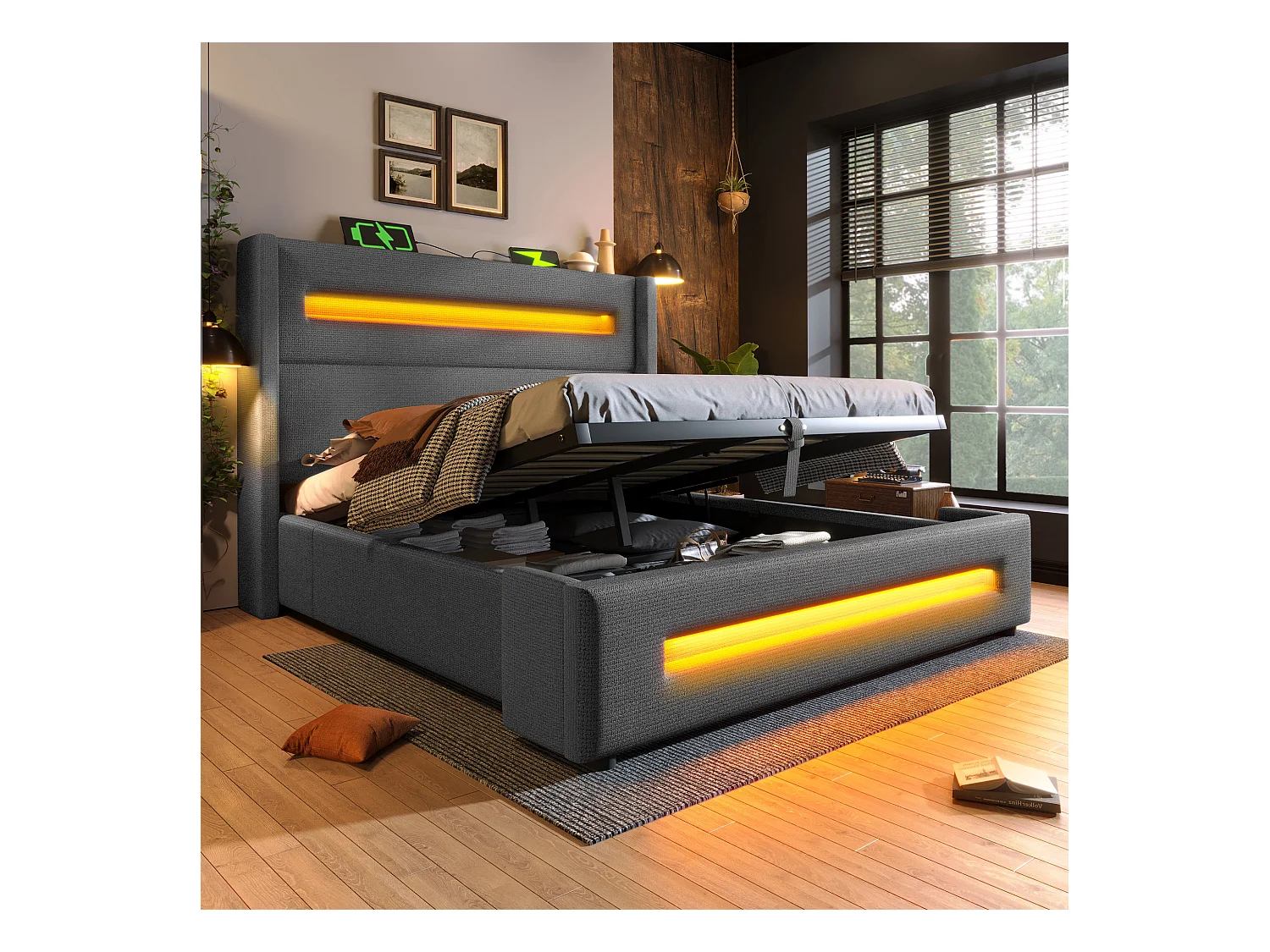 Lit coffre adulte 160x200cm avec LED et USB type-C, tissu en lin gris, sommier à lattes, sans matelas