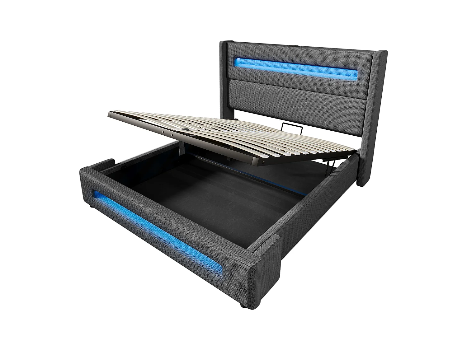 Lit coffre adulte 160x200cm avec LED et USB type-C, tissu en lin gris, sommier à lattes, sans matelas