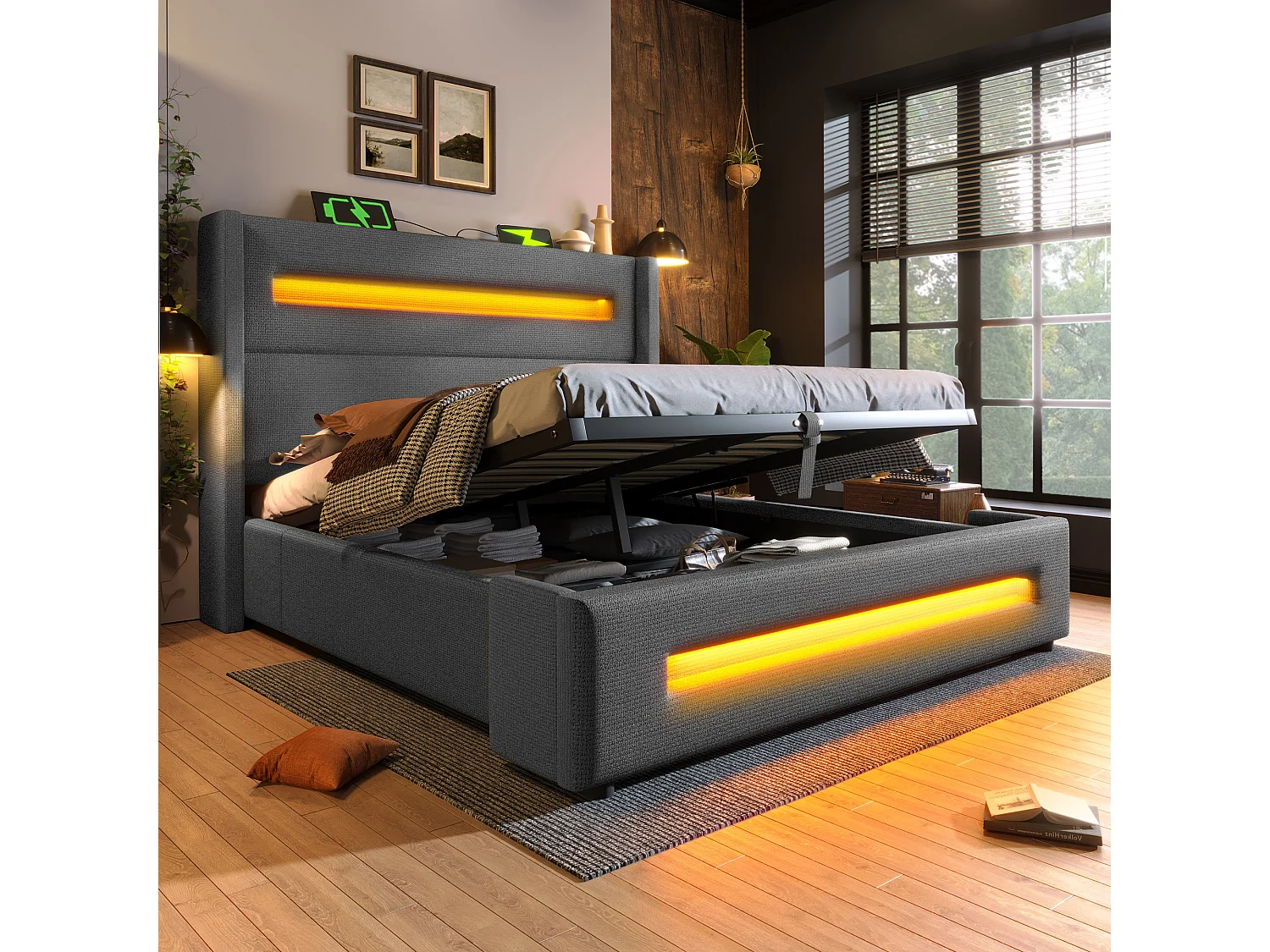 Lit coffre adulte 160x200cm avec LED et USB type-C, tissu en lin gris, sommier à lattes, sans matelas