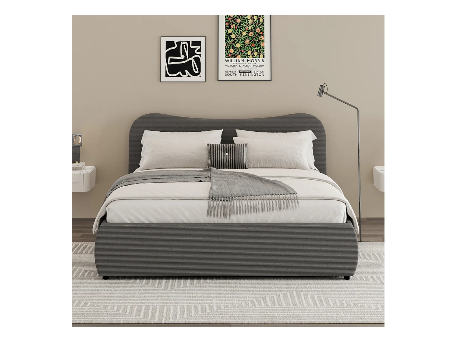 Lit coffre 160x200cm design arrondi velours côtelé gris PLANO