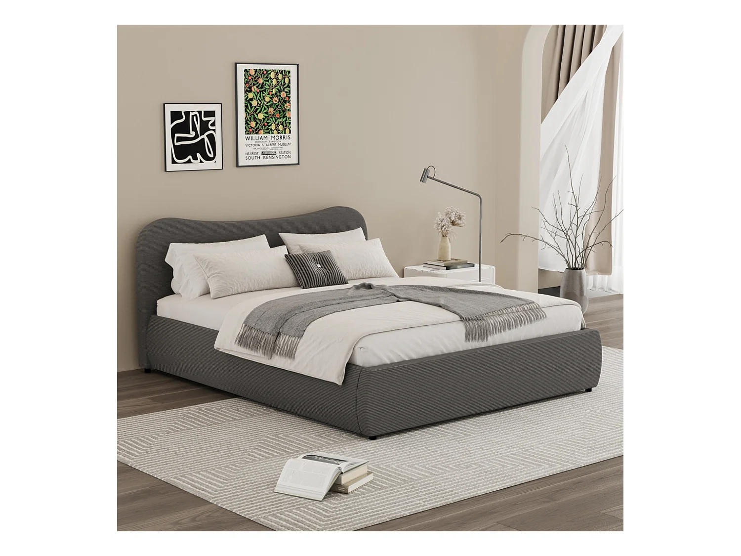 Lit coffre 160x200cm design arrondi velours côtelé gris PLANO