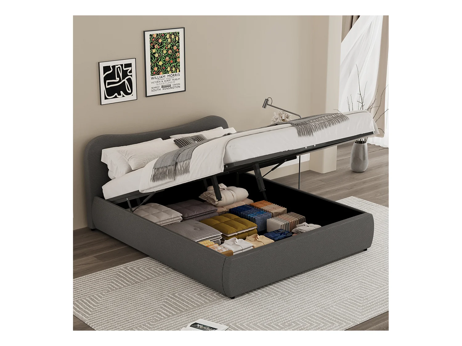 Lit coffre 160x200cm design arrondi velours côtelé gris PLANO