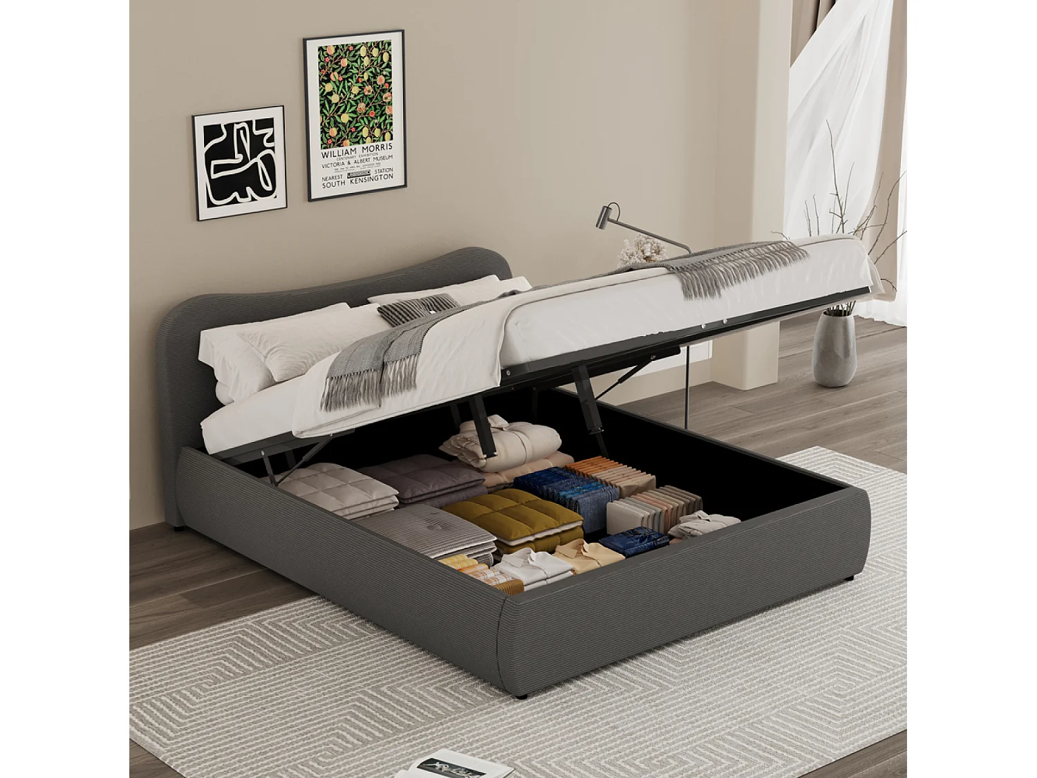 Lit coffre 160x200cm design arrondi velours côtelé gris PLANO