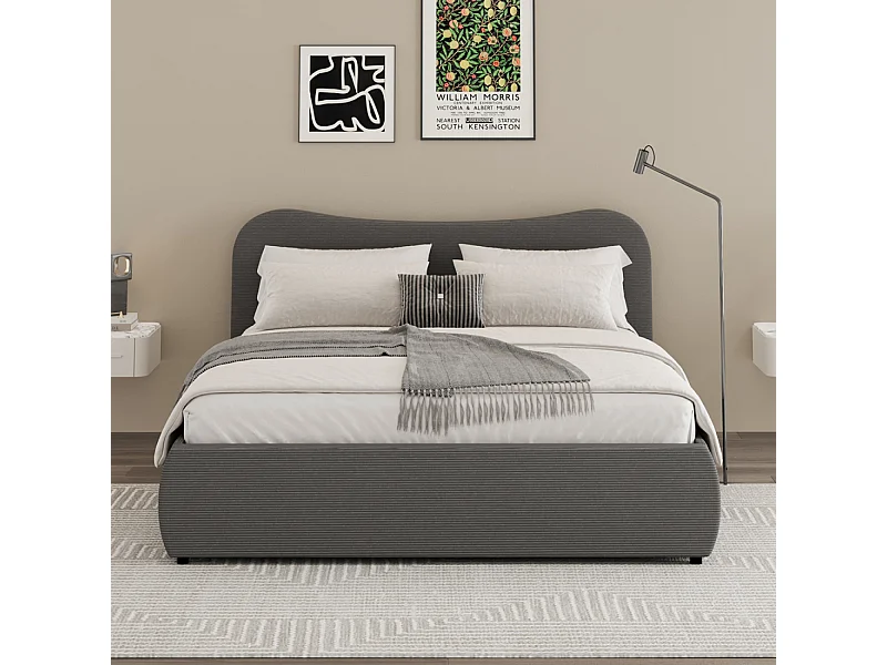 Lit coffre 160x200cm design arrondi velours côtelé gris PLANO