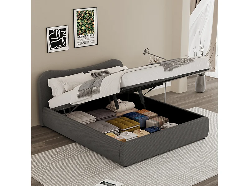 Lit coffre 160x200cm design arrondi velours côtelé gris PLANO