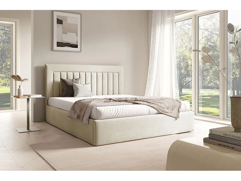 Polsterbett 140x200 - Bettkasten - hellbeige Velours - AVERIN