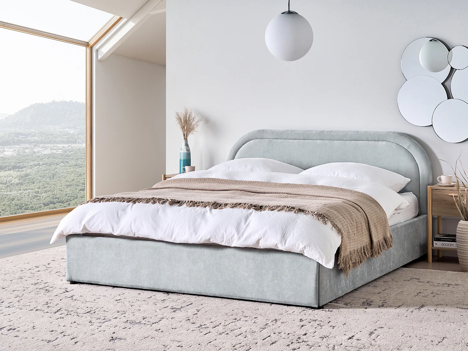 Lit ottoman Tissu QUILLIEN 160 x 200 cm Bleu clair