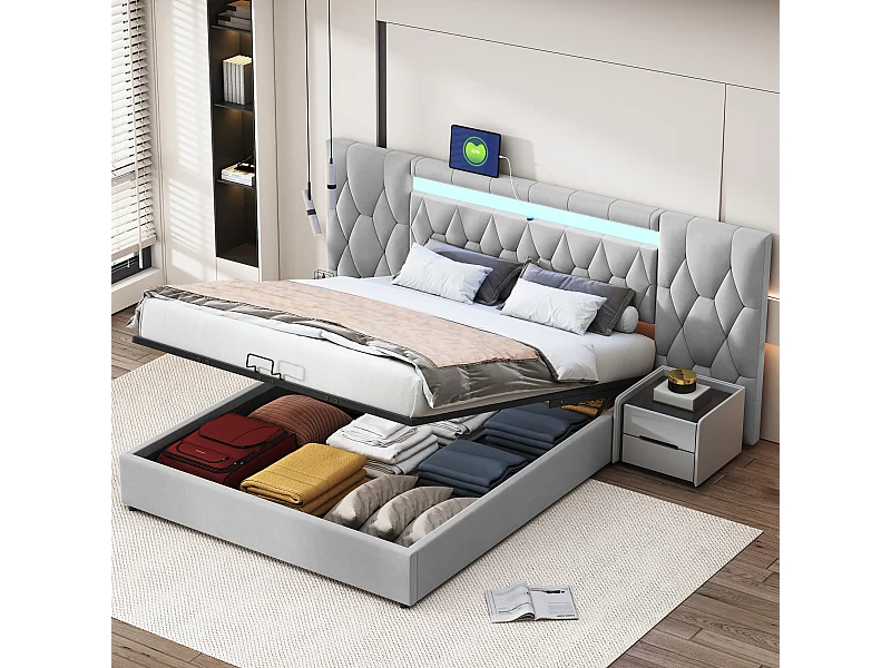 Lit coffre adulte 160x200cm avec LED et USB, tête de lit large, en velours gris, sans matelas