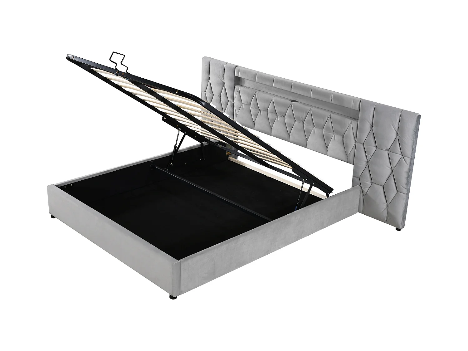 Lit coffre adulte 160x200cm avec LED et USB, tête de lit large, en velours gris, sans matelas
