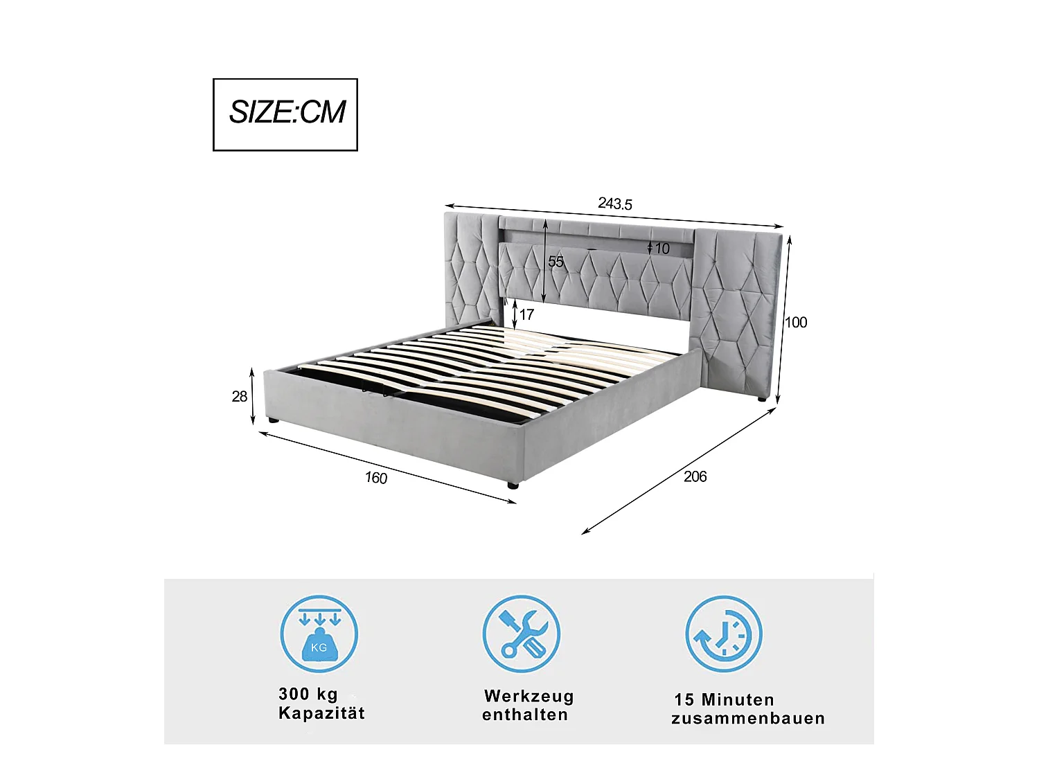Lit coffre adulte 160x200cm avec LED et USB, tête de lit large, en velours gris, sans matelas