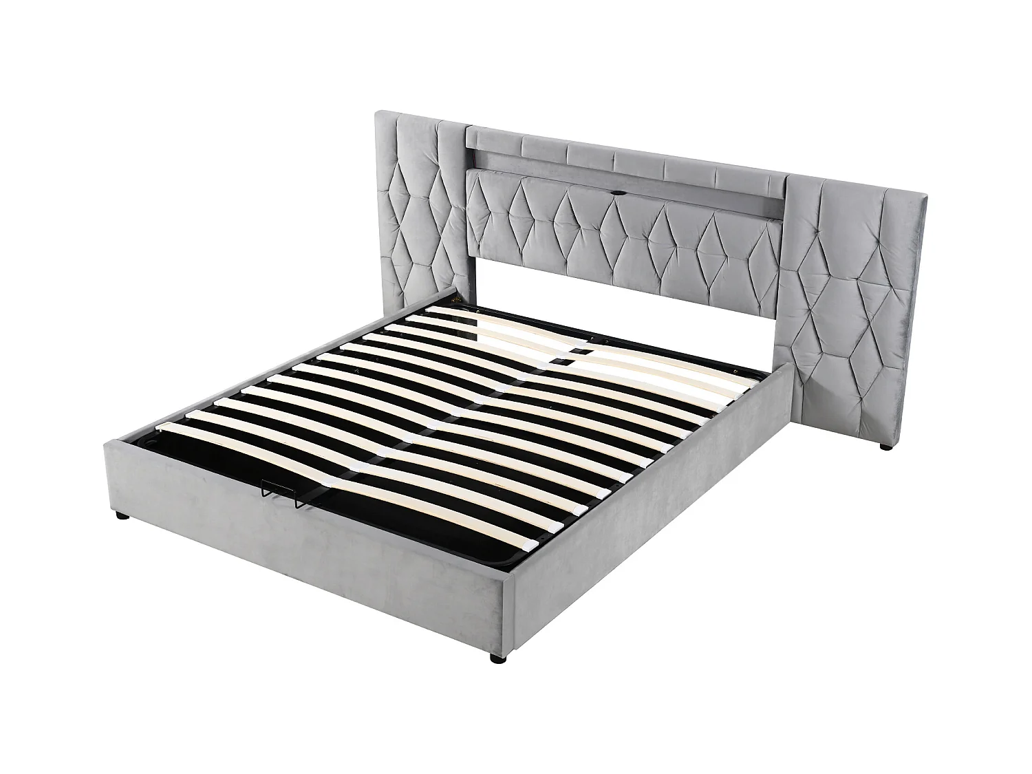 Lit coffre adulte 160x200cm avec LED et USB, tête de lit large, en velours gris, sans matelas
