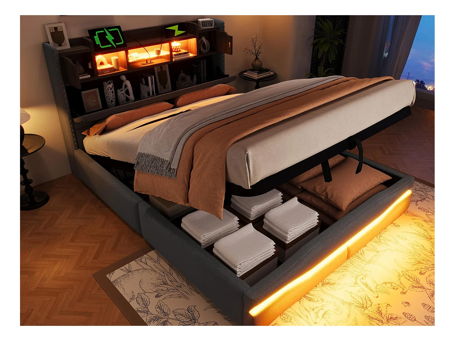 Polsterbett mit Stauraum 140x200 cm - mit LED-Beleuchtung - mit Staufach - grau (ohne Matratze)