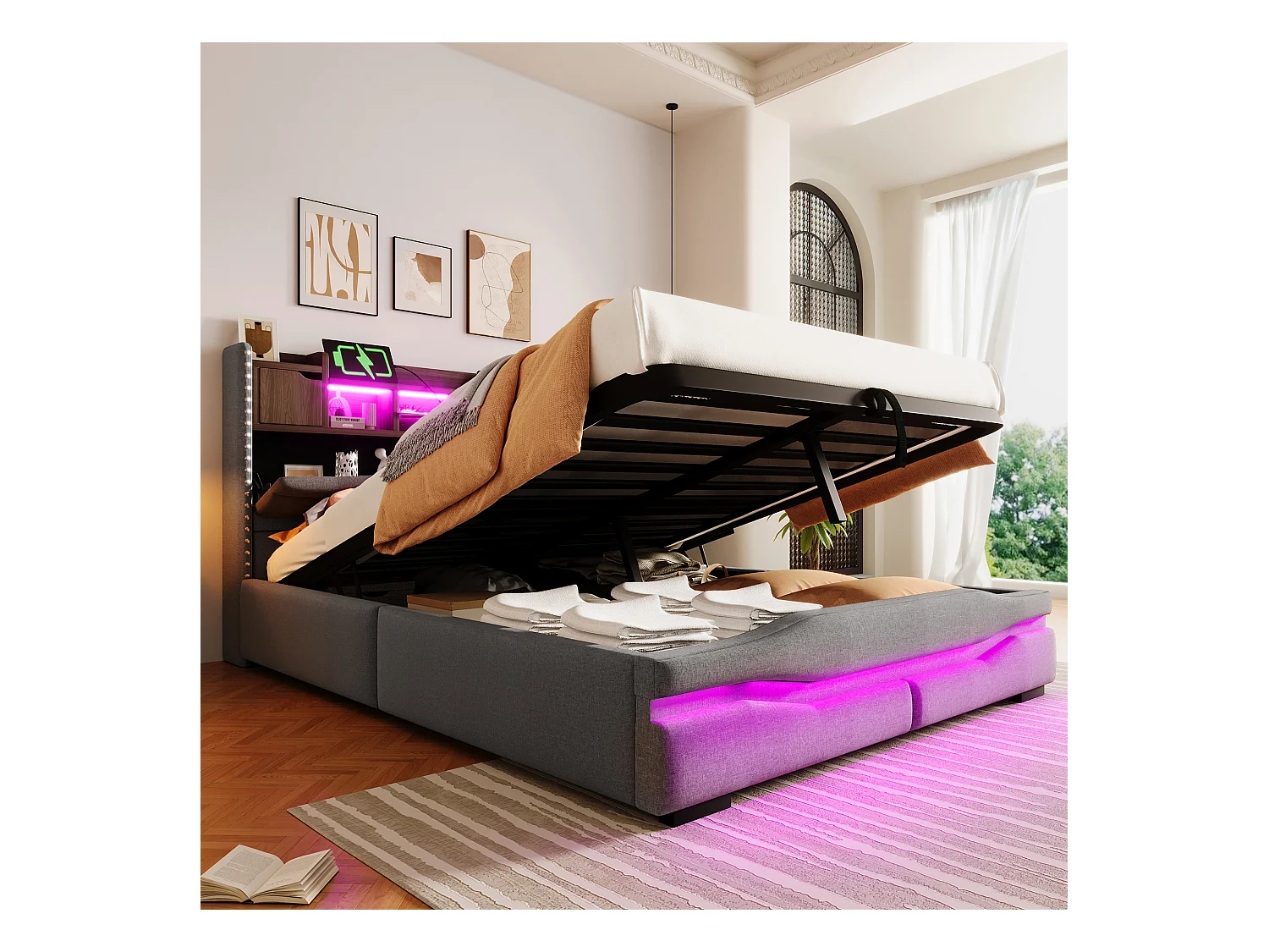 Polsterbett mit Stauraum 140x200 cm - mit LED-Beleuchtung - mit Staufach - grau (ohne Matratze)