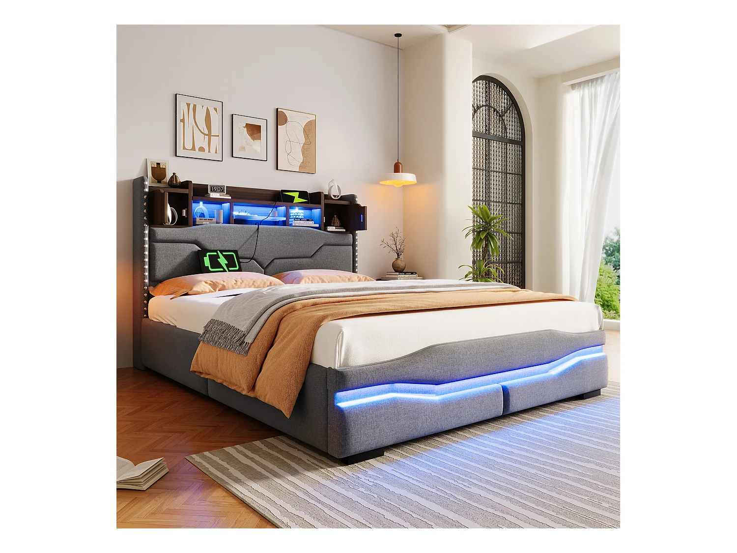 Polsterbett mit Stauraum 140x200 cm - mit LED-Beleuchtung - mit Staufach - grau (ohne Matratze)