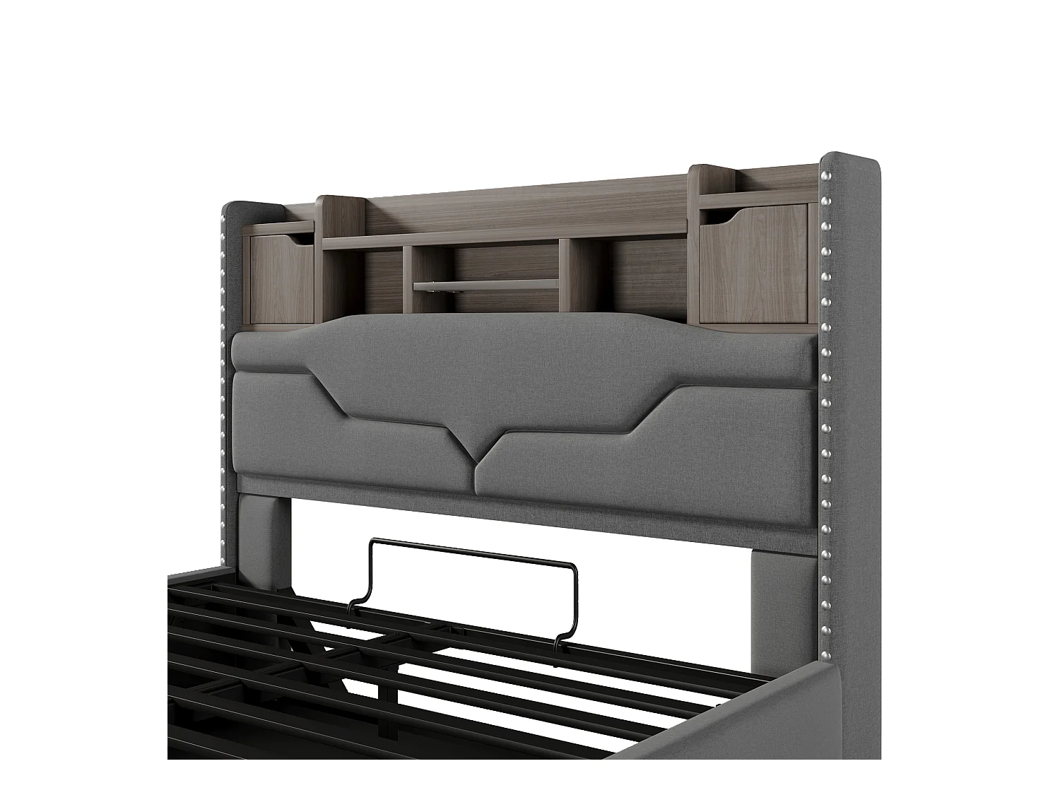 Cama tapizada con almacenamiento 140x200 cm - con iluminación LED - con compartimento de almacenaje - gris (colchón no incluido)