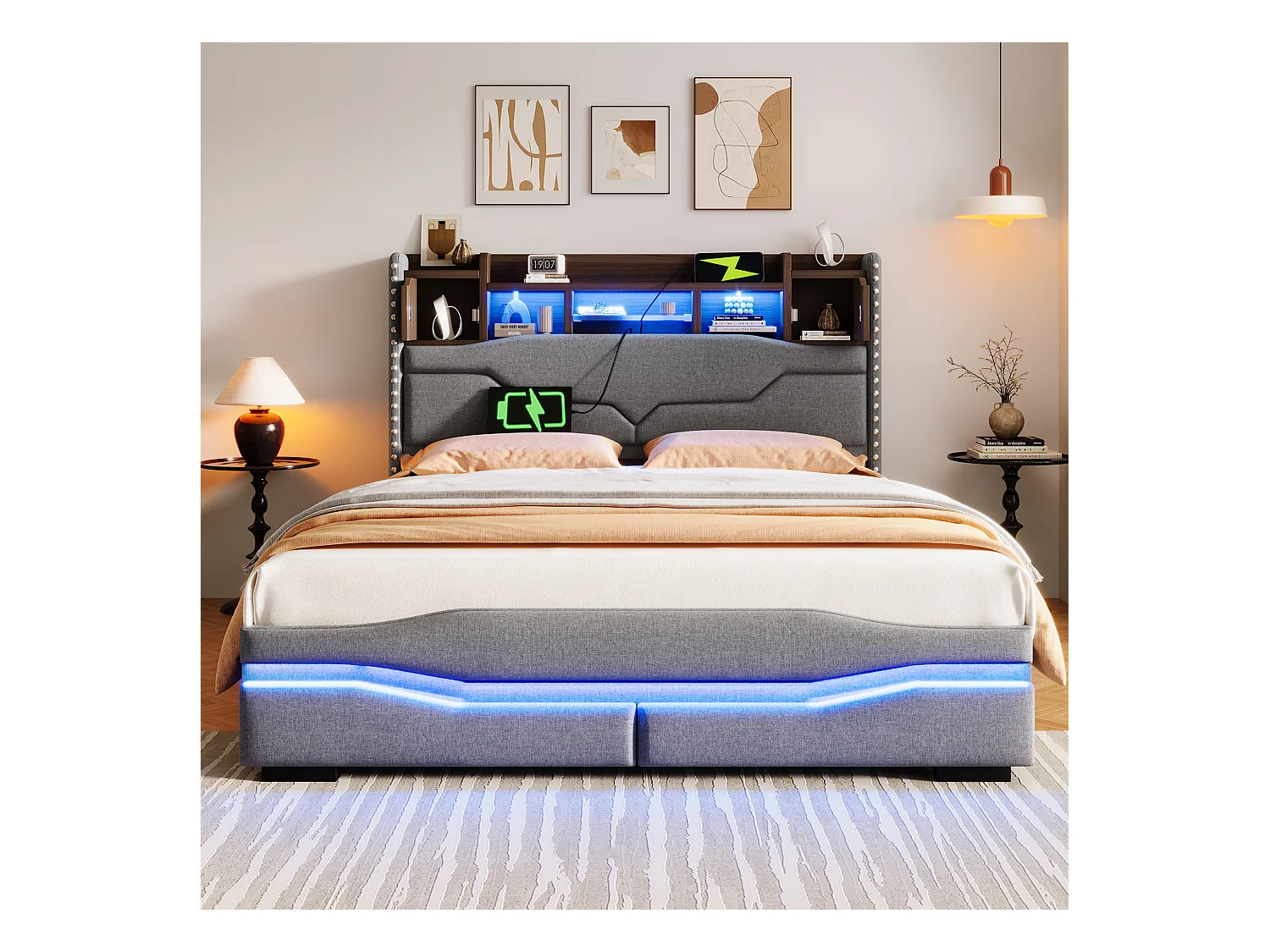 Cama tapizada con almacenamiento 140x200 cm - con iluminación LED - con compartimento de almacenaje - gris (colchón no incluido)