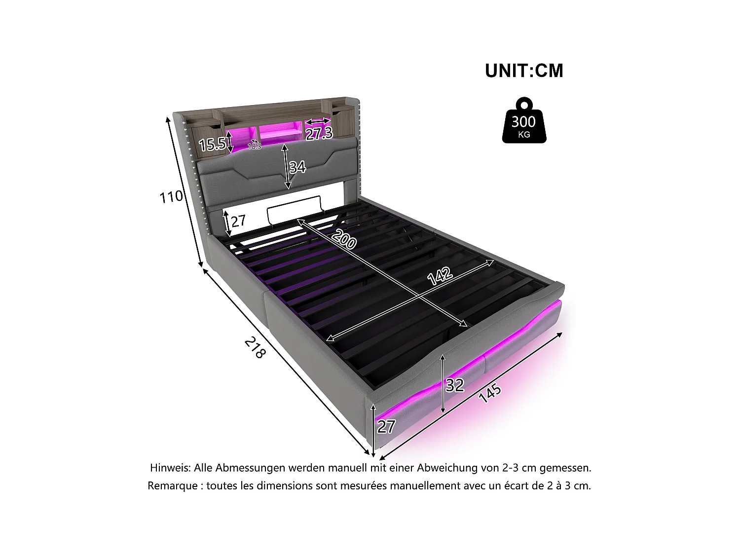 Cama tapizada con almacenamiento 140x200 cm - con iluminación LED - con compartimento de almacenaje - gris (colchón no incluido)