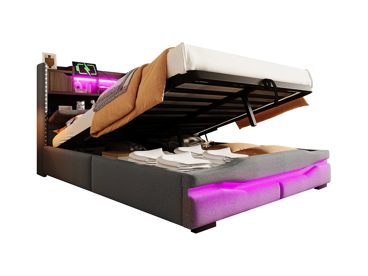 Cama tapizada con almacenamiento 140x200 cm - con iluminación LED - con compartimento de almacenaje - gris (colchón no incluido)