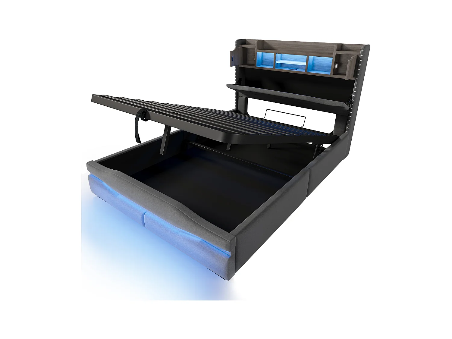 Cama tapizada con almacenamiento 140x200 cm - con iluminación LED - con compartimento de almacenaje - gris (colchón no incluido)