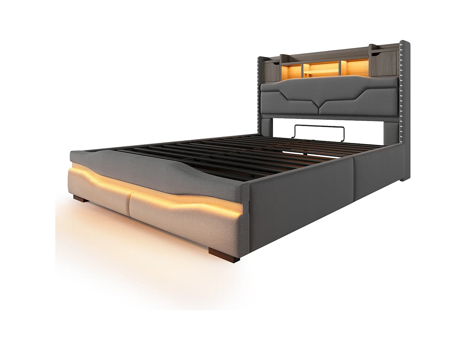 Cama tapizada con almacenamiento 140x200 cm - con iluminación LED - con compartimento de almacenaje - gris (colchón no incluido)