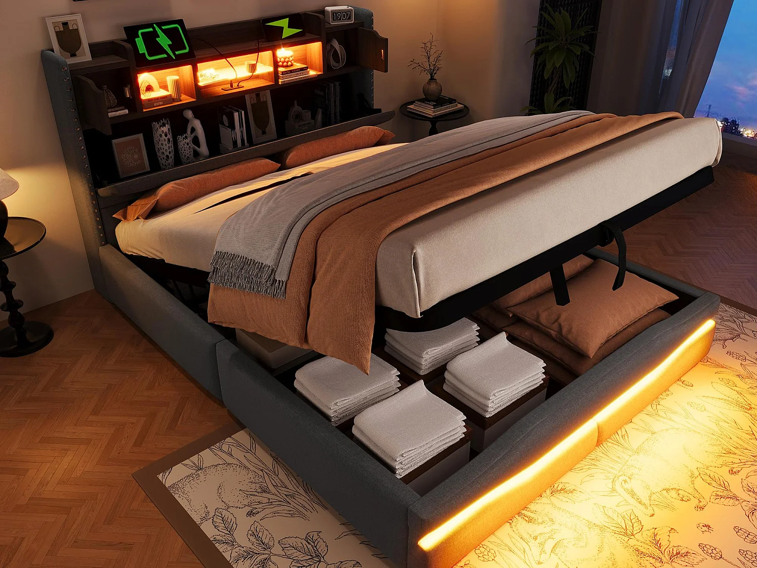 Lit coffre rembourré 140x200cm - avec éclairage LED - avec compartiment de rangement - gris (matelas non inclus)