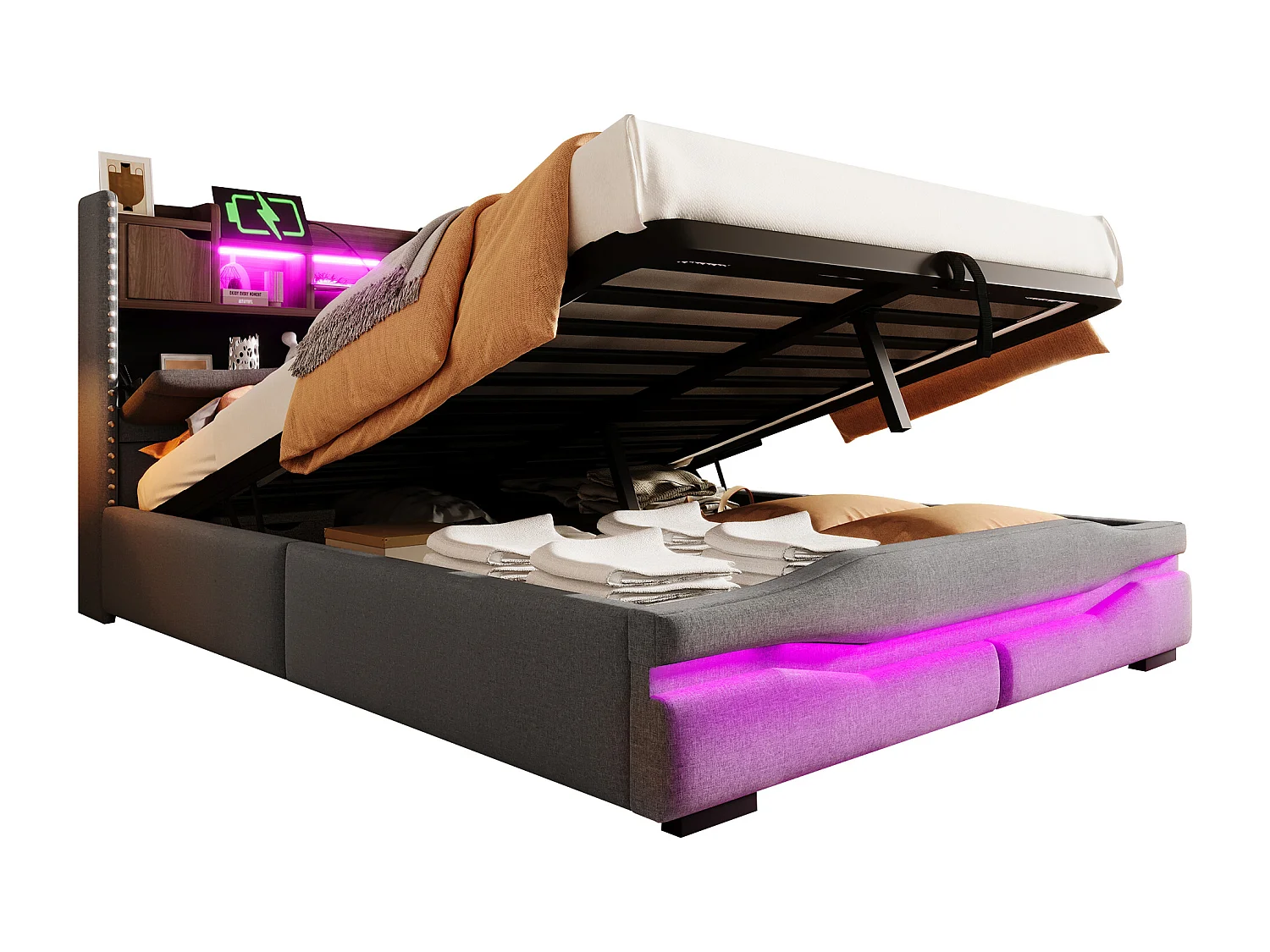 Lit coffre rembourré 140x200cm - avec éclairage LED - avec compartiment de rangement - gris (matelas non inclus)