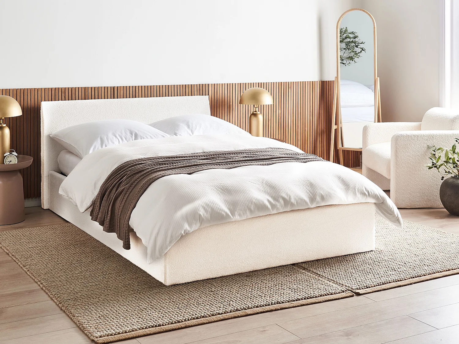 Bett mit Stauraum Bouclé ORBEY 140 x 200 cm Cremeweiss