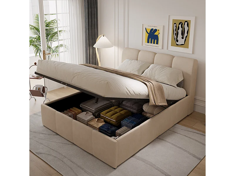 Lit nuage coffre 160x200cm velours beige BALTIMORE