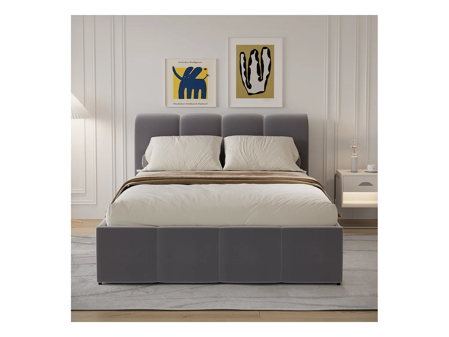 Lit nuage coffre 160x200cm velours gris BALTIMORE
