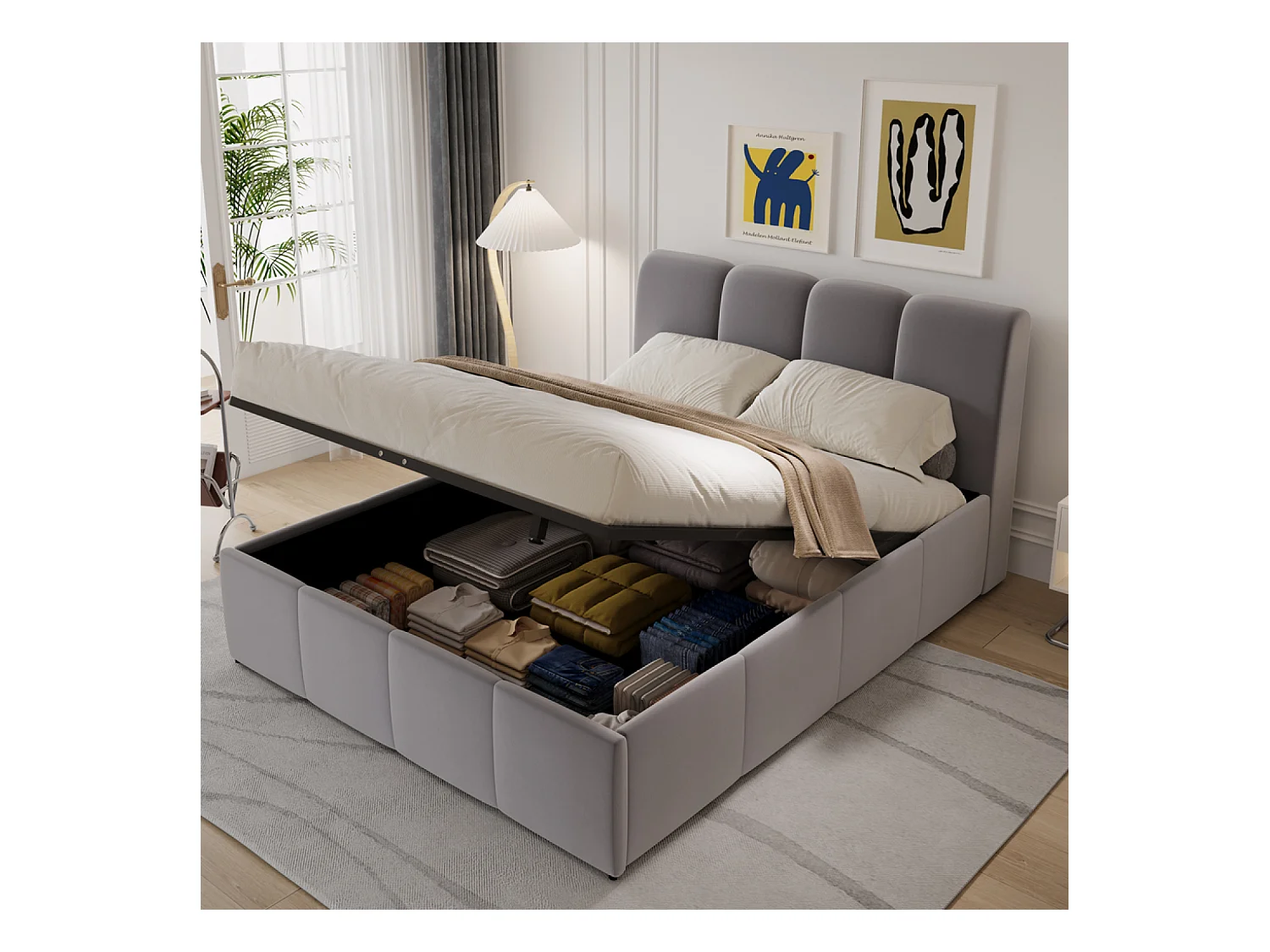 Lit nuage coffre 160x200cm velours gris BALTIMORE