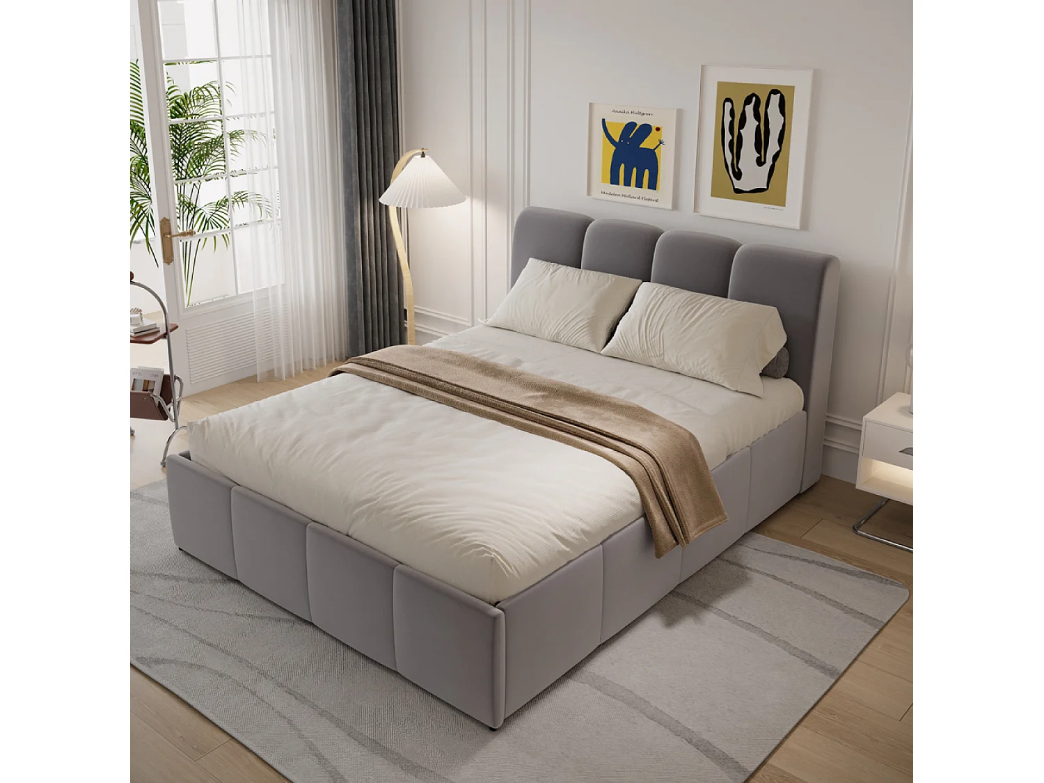 Lit nuage coffre 160x200cm velours gris BALTIMORE