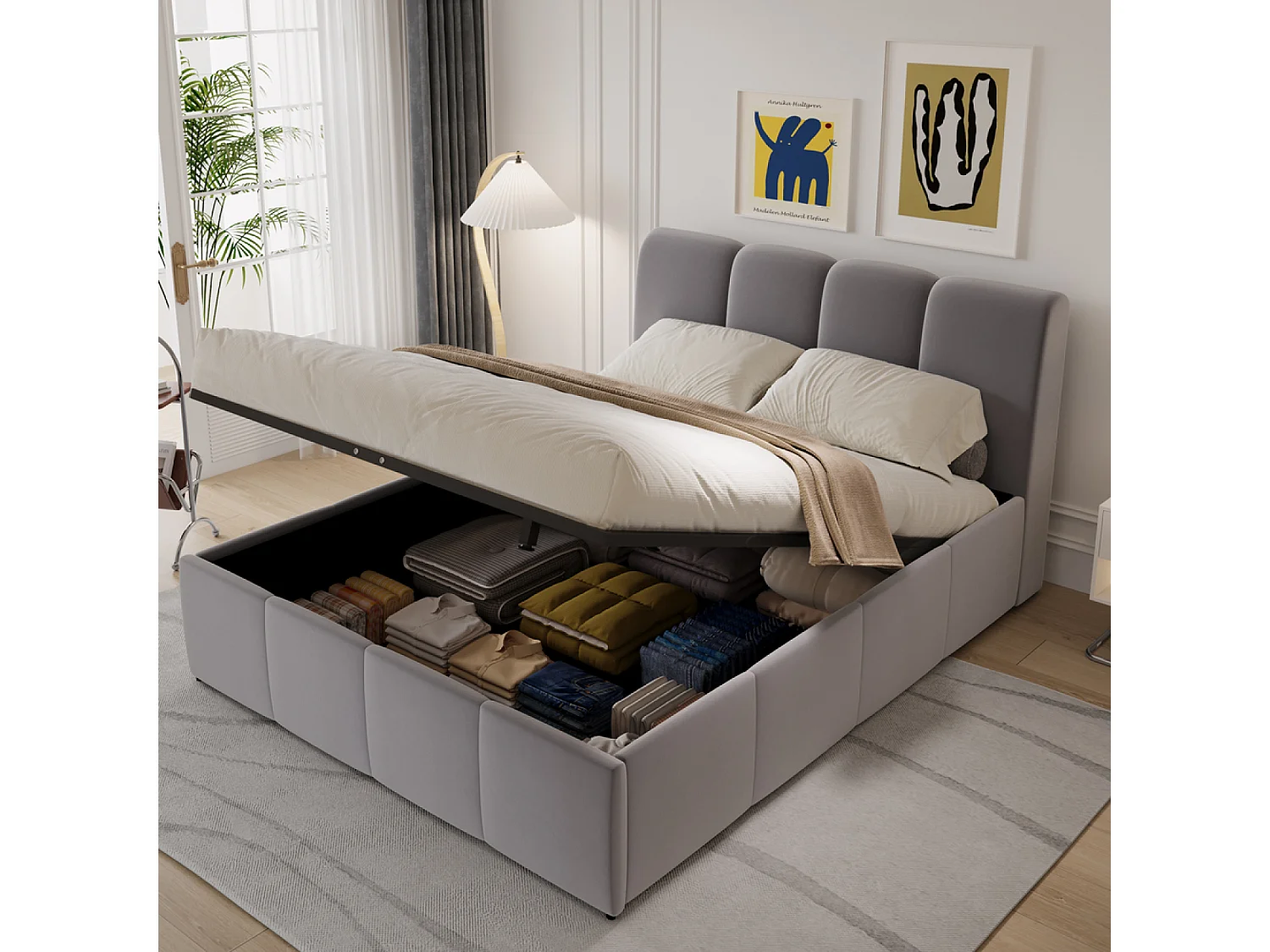 Lit nuage coffre 160x200cm velours gris BALTIMORE