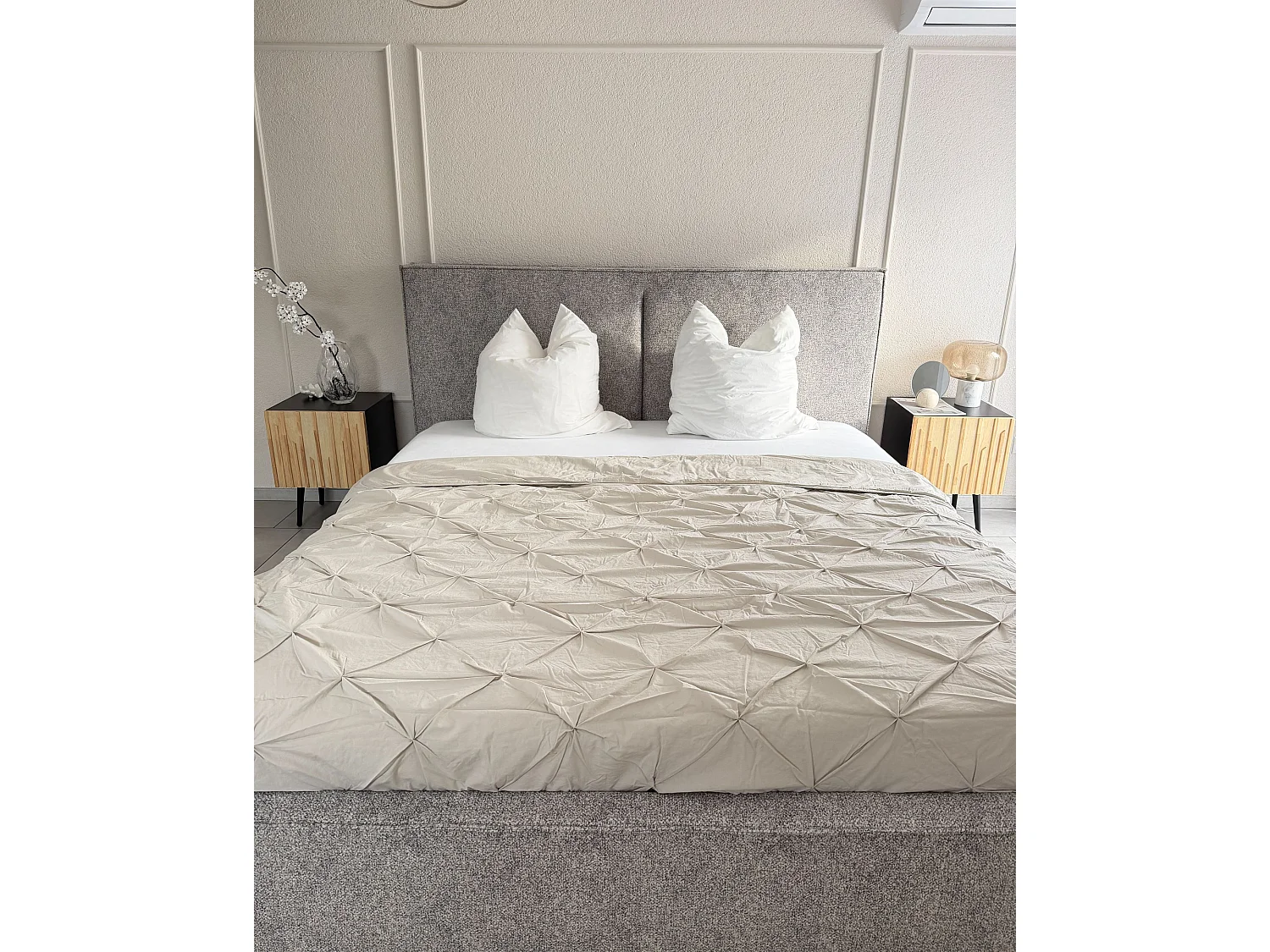 Lit ottoman Velours tricoté MOISSAC 180 x 200 cm Gris/beige