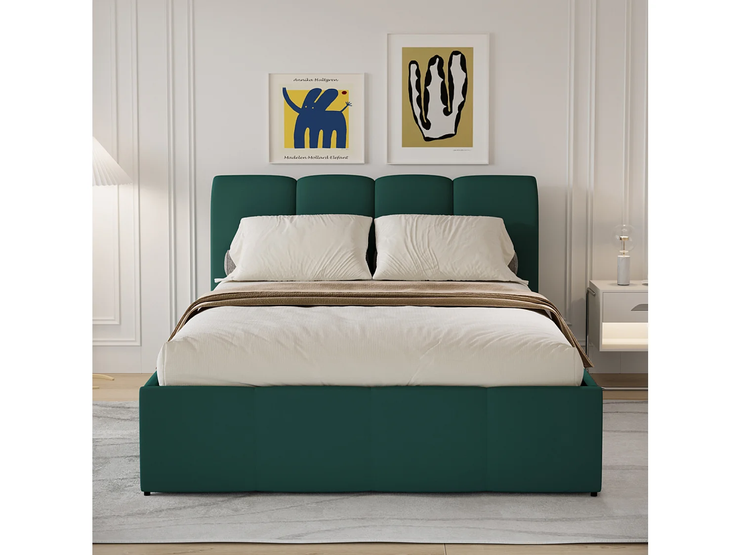 Lit coffre style nuage LED 160x200cm velours vert BALTIMORE