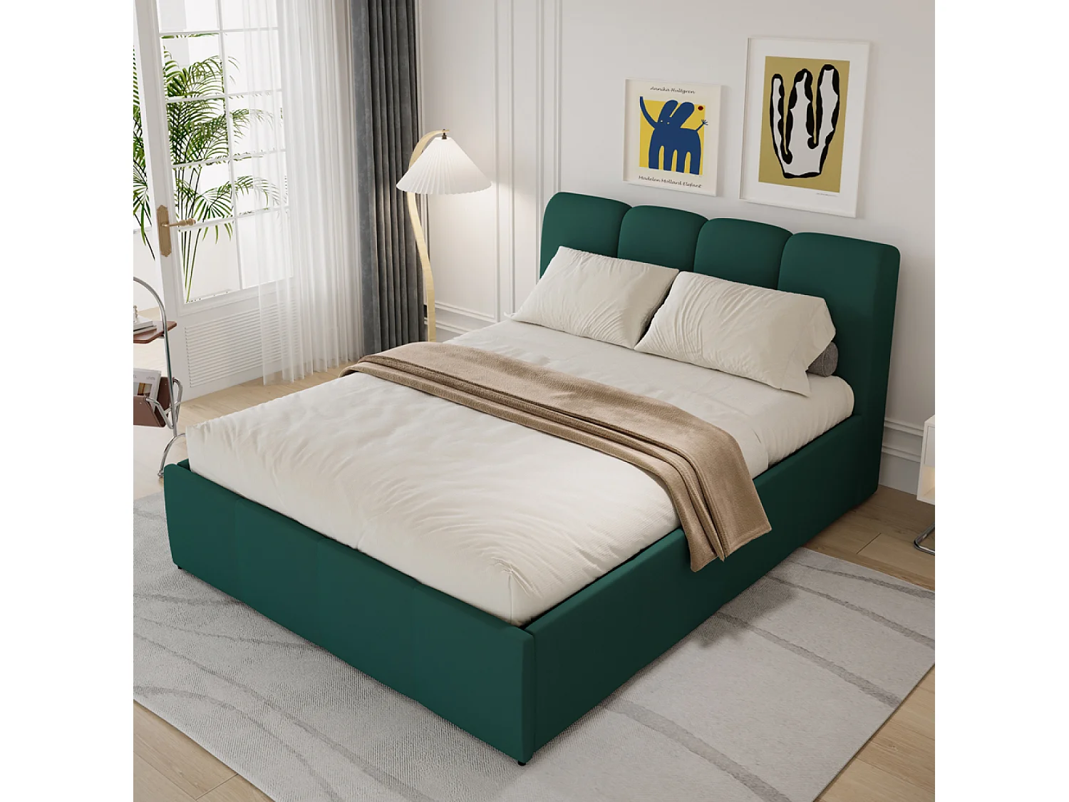 Lit coffre style nuage LED 160x200cm velours vert BALTIMORE
