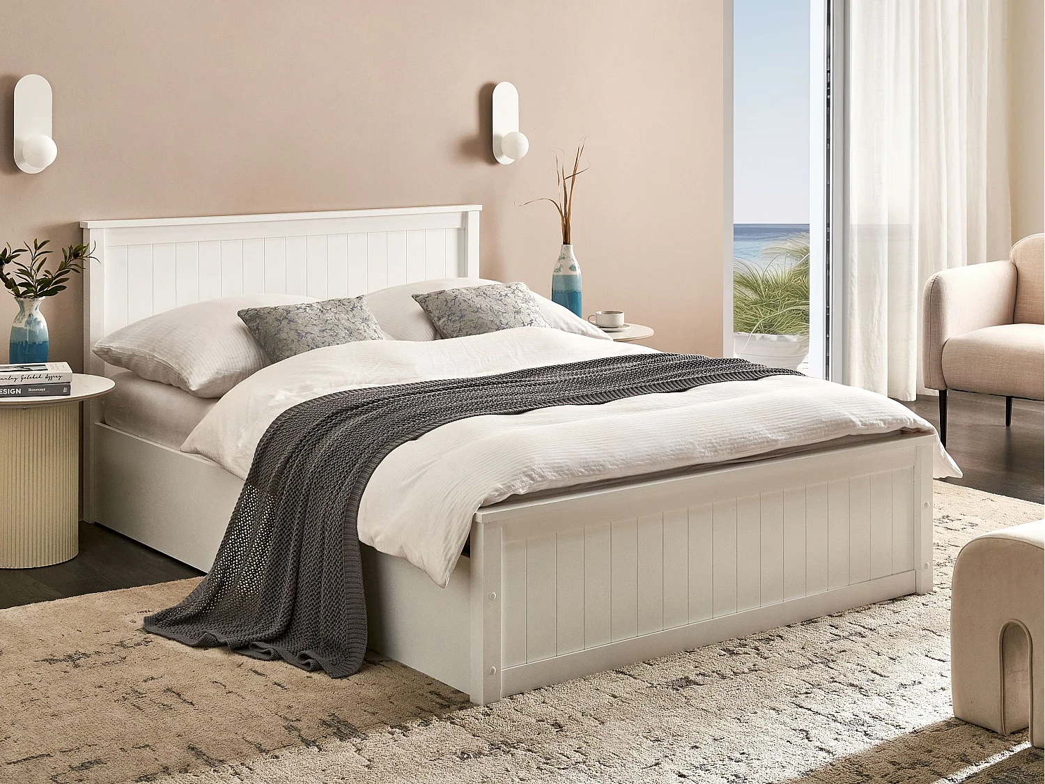 Lit ottoman Bois de pin LAMBRES 140 x 200 cm Blanc