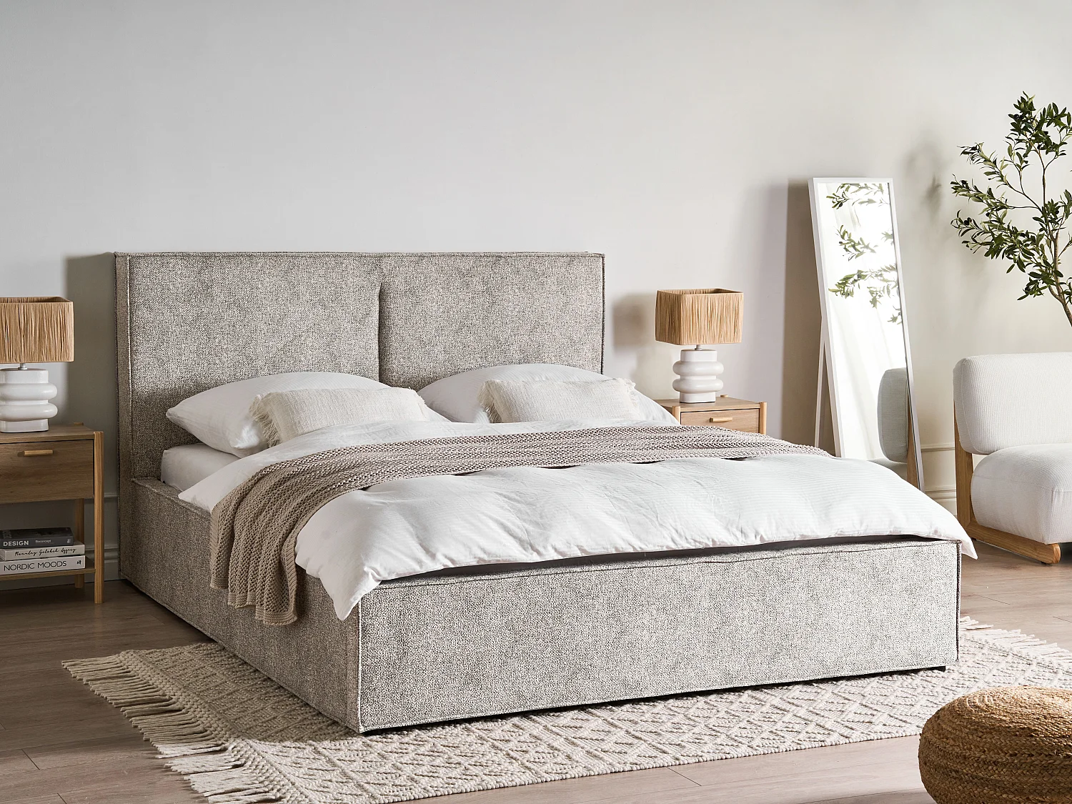 Letto contenitore Velluto elasticizzato MOISSAC 160 x 200 cm Grigio/ Beige