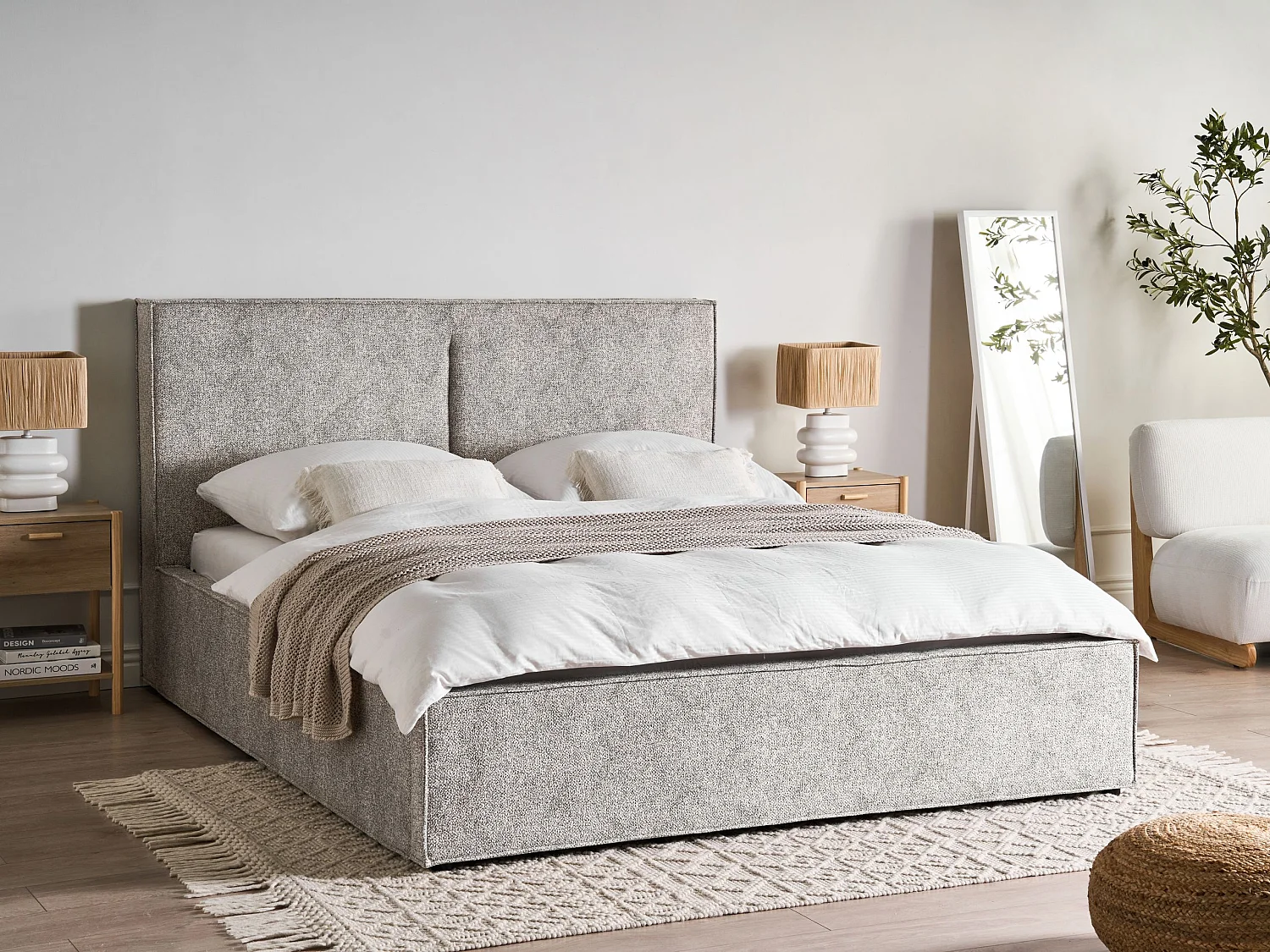 Letto contenitore Velluto elasticizzato MOISSAC 160 x 200 cm Grigio/ Beige