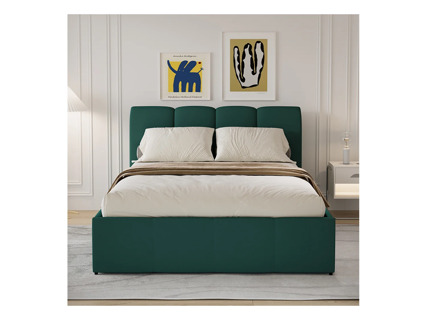 Lit nuage coffre 140x190cm velours vert BALTIMORE