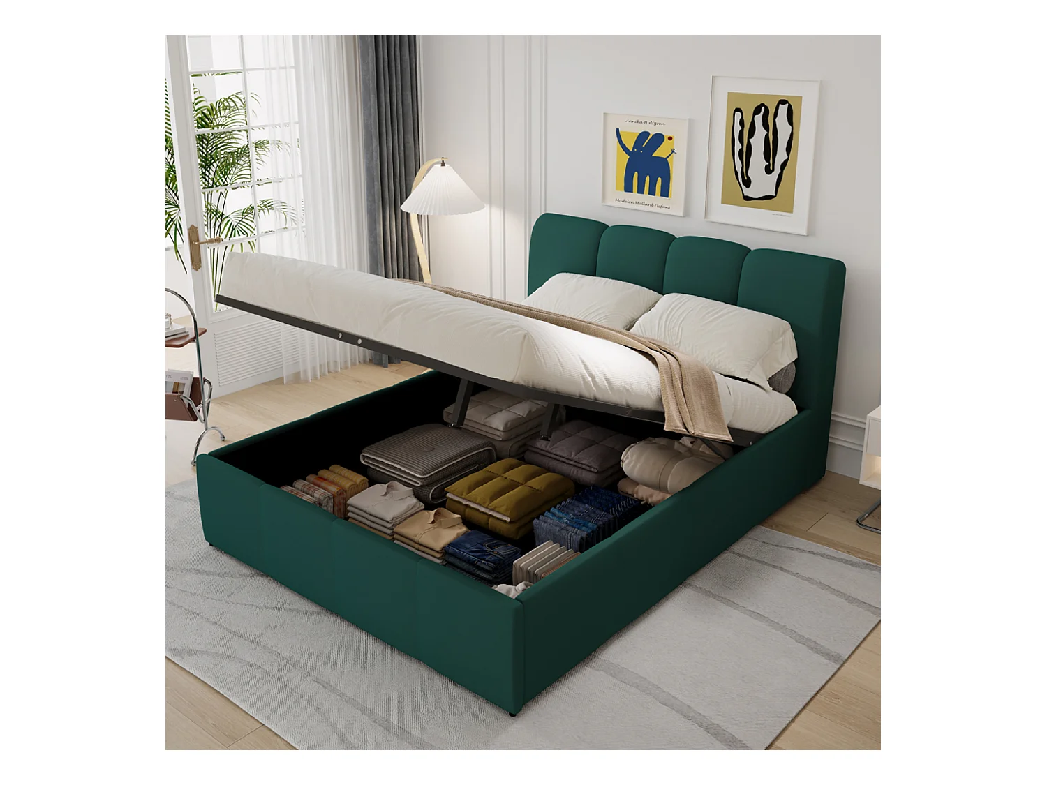 Lit nuage coffre 140x190cm velours vert BALTIMORE