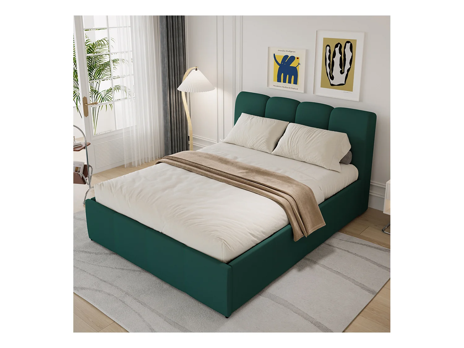 Lit nuage coffre 140x190cm velours vert BALTIMORE