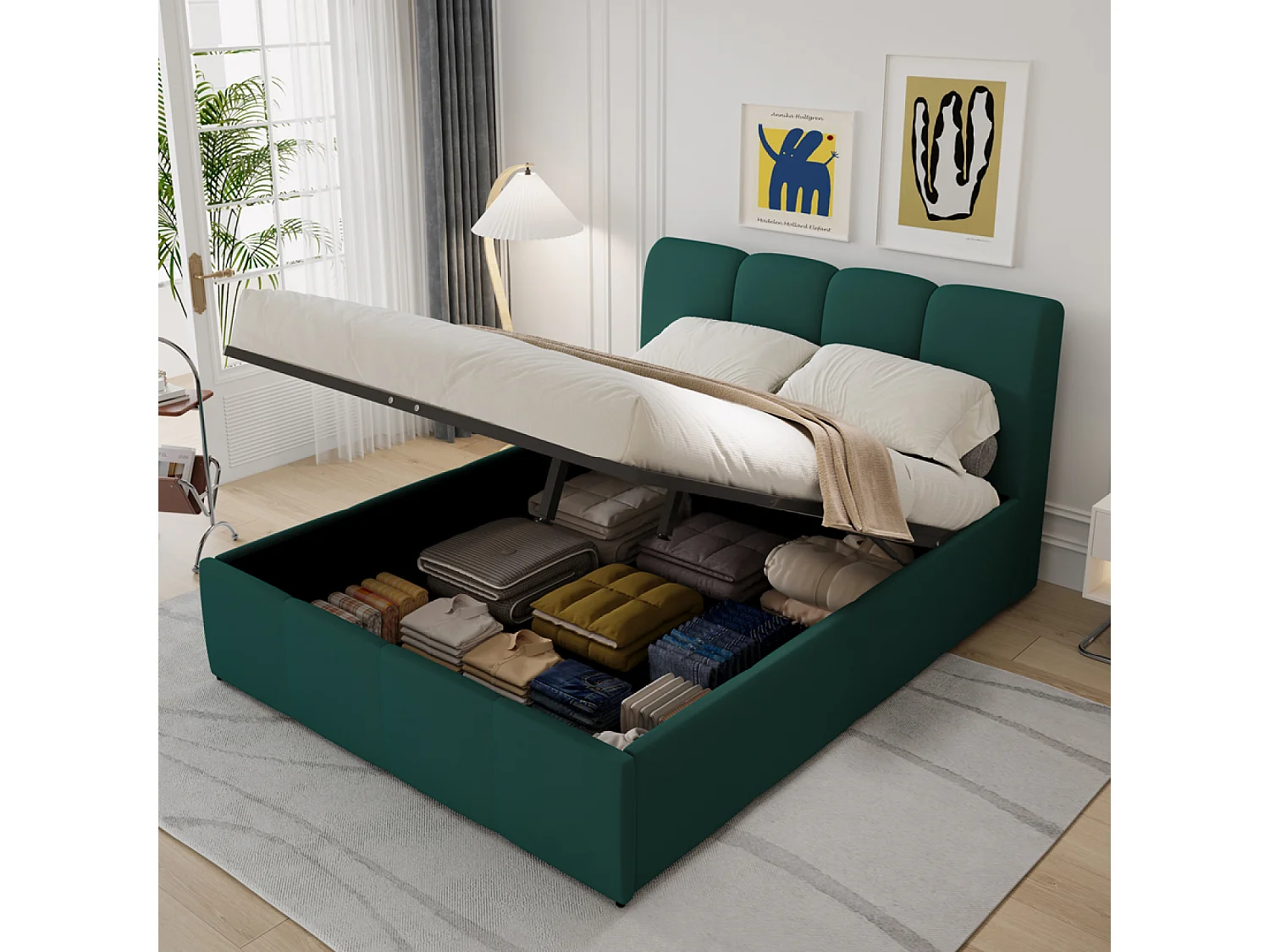 Lit nuage coffre 140x190cm velours vert BALTIMORE