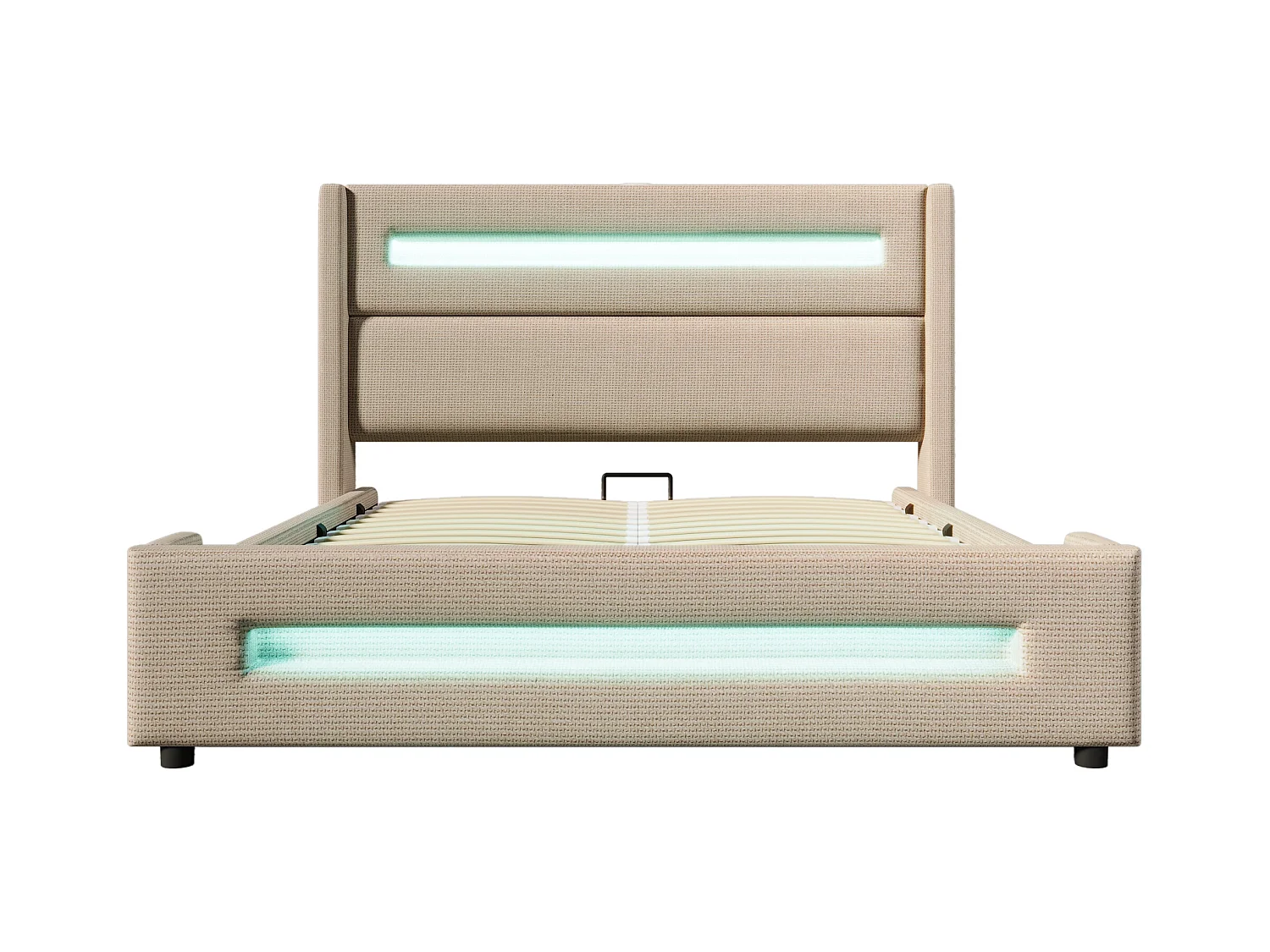 Lit coffre adulte 140x200cm avec LED et USB type-C, tissu en lin beige, sommier à lattes, sans matelas
