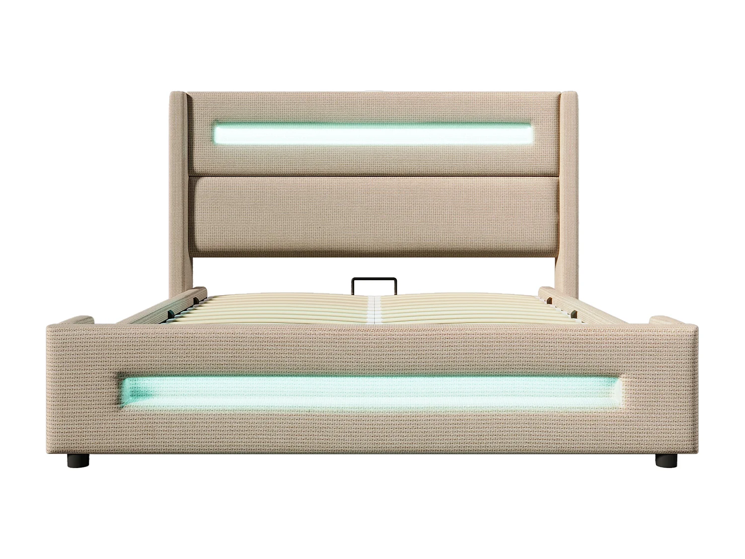 Lit coffre adulte 140x200cm avec LED et USB type-C, tissu en lin beige, sommier à lattes, sans matelas
